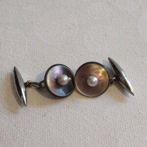 Art Deco,  Vintage/Antique, Cufflinks, Black MOP w/ pearl, SBM chain & toggle.